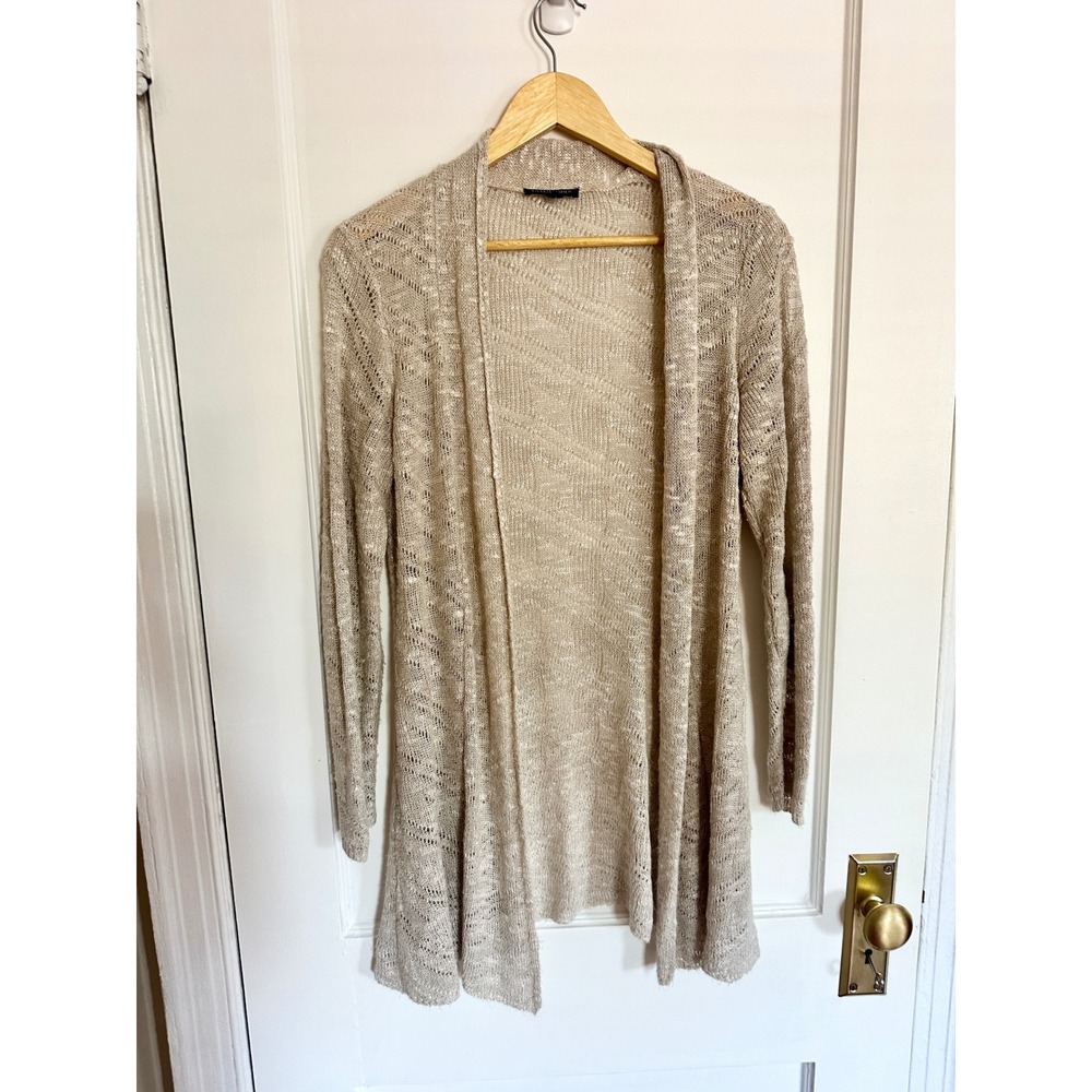 Eileen Fisher Cardigan Beige Pointelle Linen Blend Open Front Knit Petite Small